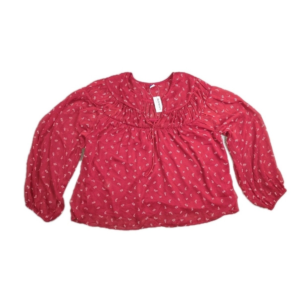 Old Navy Womens L Red Chiffon Ditzy Floral Sheer Lined Long Sleeve Peasant Top - Picture 2 of 14